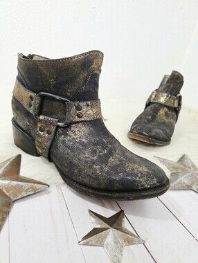 Freebird Phlow Distressed Gold Metallic Harness Boots Moto Western Boho size 8